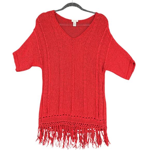 Chico's Orange V-neck Short Sleeves Fringed Hem Knit Sweater Size 8 / Medium (1) - Picture 1 of 6